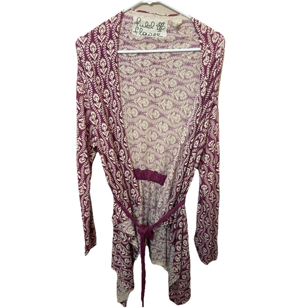 Anthropologie Field Flower Belted Sweater Cardigan Maroon Flower Linen Blend LG